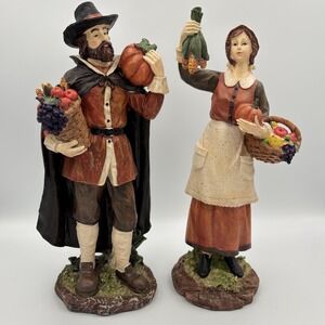 Thanksgiving Pilgrim Figurines Man and Woman Harvest Folk Art Resin Wood Look